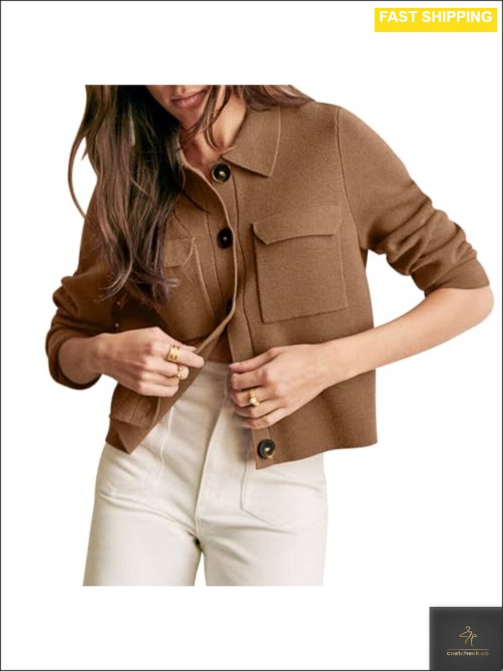 Women's Cropped Shacket Button Down Patch Pockets Long Sleeve Knit Collar
